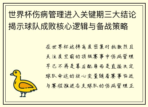 世界杯伤病管理进入关键期三大结论揭示球队成败核心逻辑与备战策略